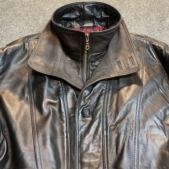 Vintage 90s Barcelino Black Leather Car Coat Men 42 Overcoat Soft Lamb MidLength - Picture 6 of 12